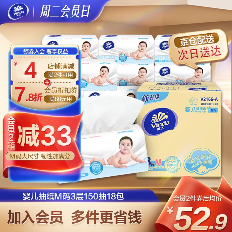 维达（Vinda）婴儿M码抽纸 无香母婴可用儿童纸巾宝宝餐巾纸软抽整箱 婴儿抽纸150抽18包属于什么档次？