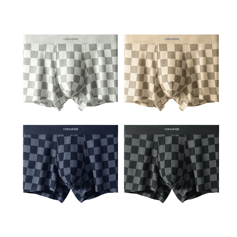 Clarkarida男士?jì)妊澞心鸂柛叨吮z防陰囊潮濕無(wú)痕抗菌輕奢侈短褲四角平角 棋盤(pán)格紋 4條 2XL 130-160斤