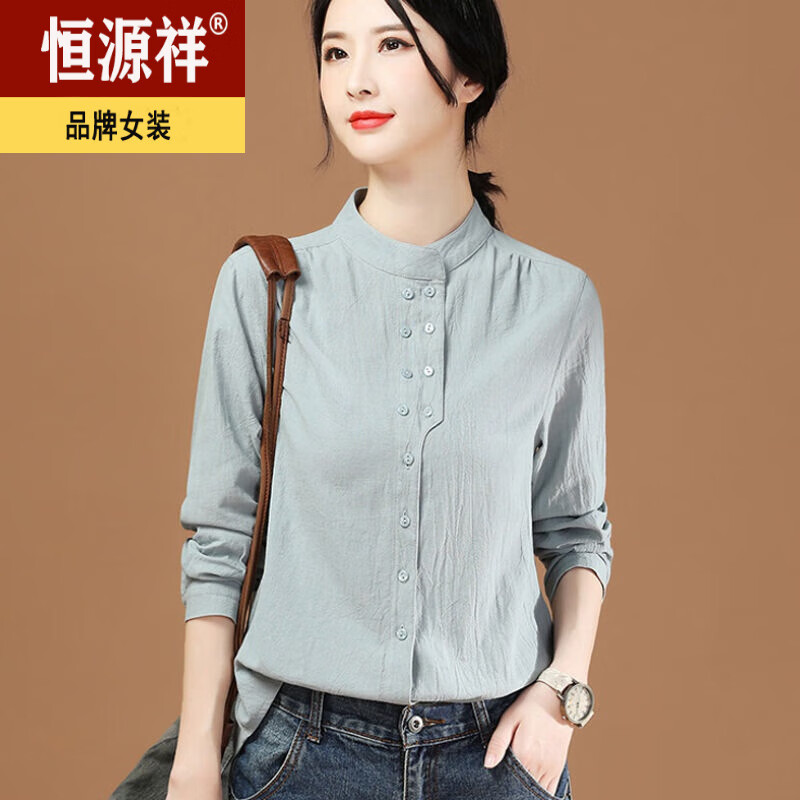 恒源祥(hyx)【品牌女装】文艺女棉麻亚麻上衣新款polo领衬衫女长袖