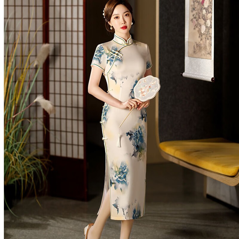 应否旗袍新中式国风长款旗袍夏季新款改良时尚年轻款淡雅气质日常旗袍