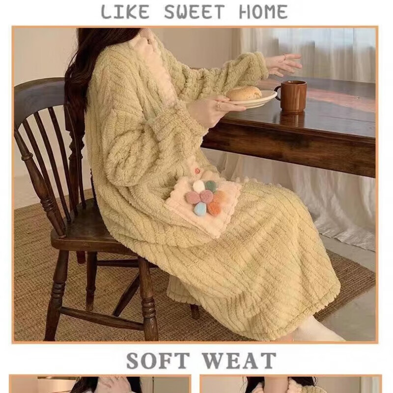 有只绵新款女士秋冬家居服加厚珊瑚绒睡衣大耳狗连帽可爱睡袍 彩虹睡袍 绿色 均码 (80-160斤)