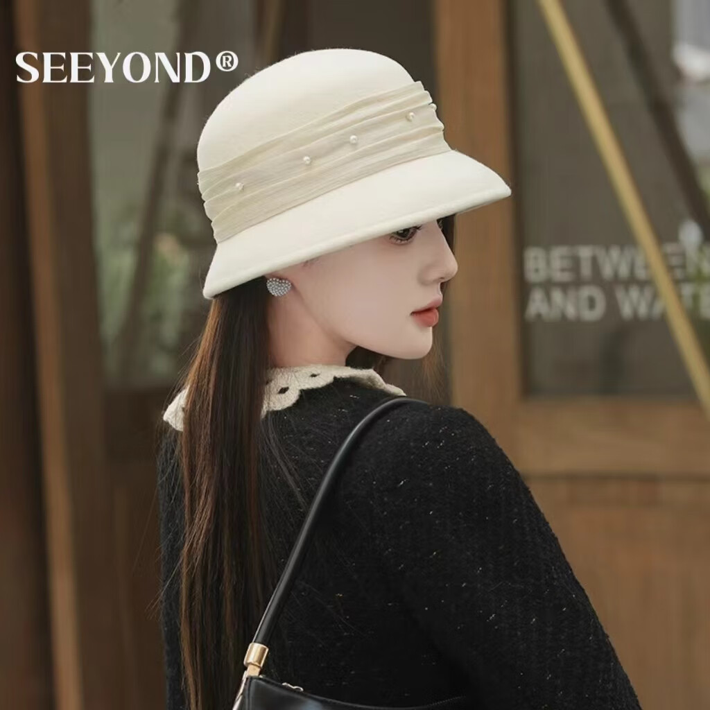 SEEYOND 深陽(yáng)高檔秋冬季法式復(fù)古珍珠禮帽羊毛呢氈帽優(yōu)雅時(shí)尚漁夫帽女士盆帽 100%澳洲美利奴羊毛-白色 均碼可調(diào)節(jié)（55-58cm）