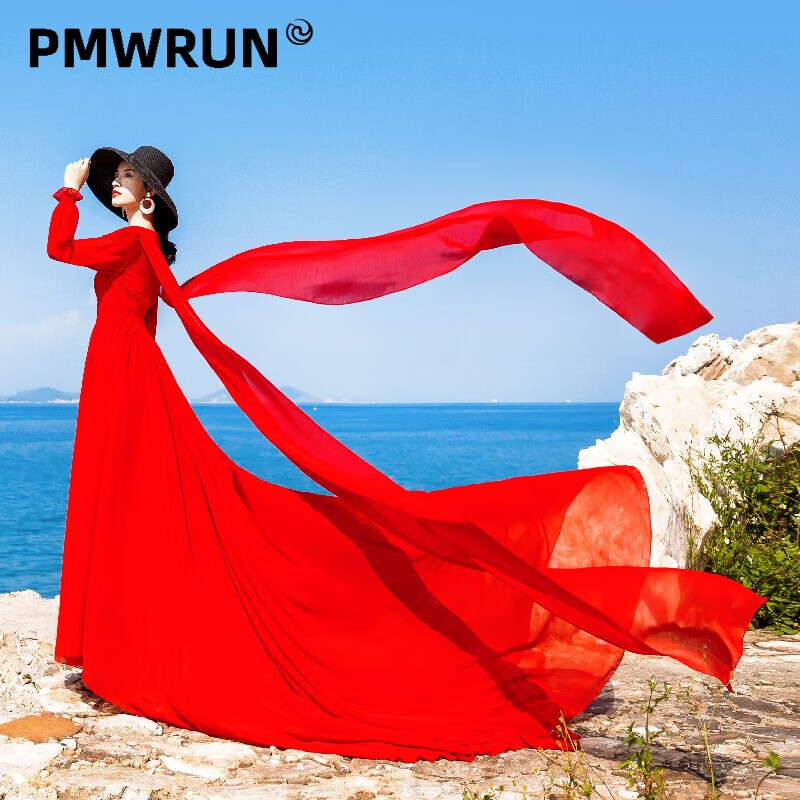 pmwrun西双版纳沙滩裙超仙旅游拍照衣服红色大摆拖尾飘逸拖地长裙