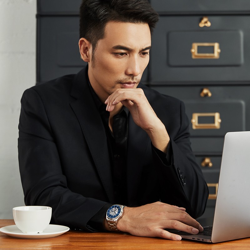 依波(EBOHR)探索者系列男士自动机械表国表新潮镂空防水钢带手表送男友礼物 蓝盘钢带男表 51280314