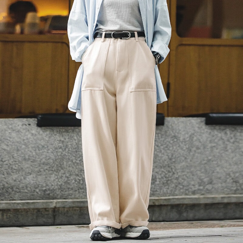 马登cleanfit白色牛仔裤春秋宽松阔腿裤美式直筒工装裤女士休闲长裤子 米白色 【显瘦高级感牛仔裤/梨形报恩裤/老钱风高腰裤】 S (80-100斤/卡码拍大)