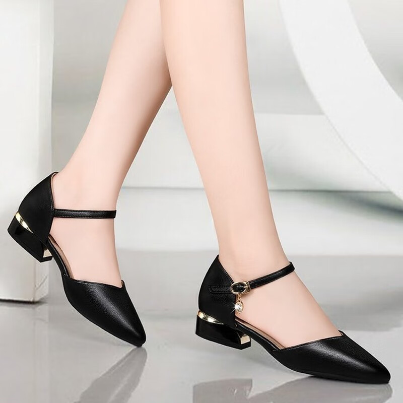 京峋品牌真皮包头凉鞋女粗跟年夏季单鞋女中跟夏天一字扣带温州鞋