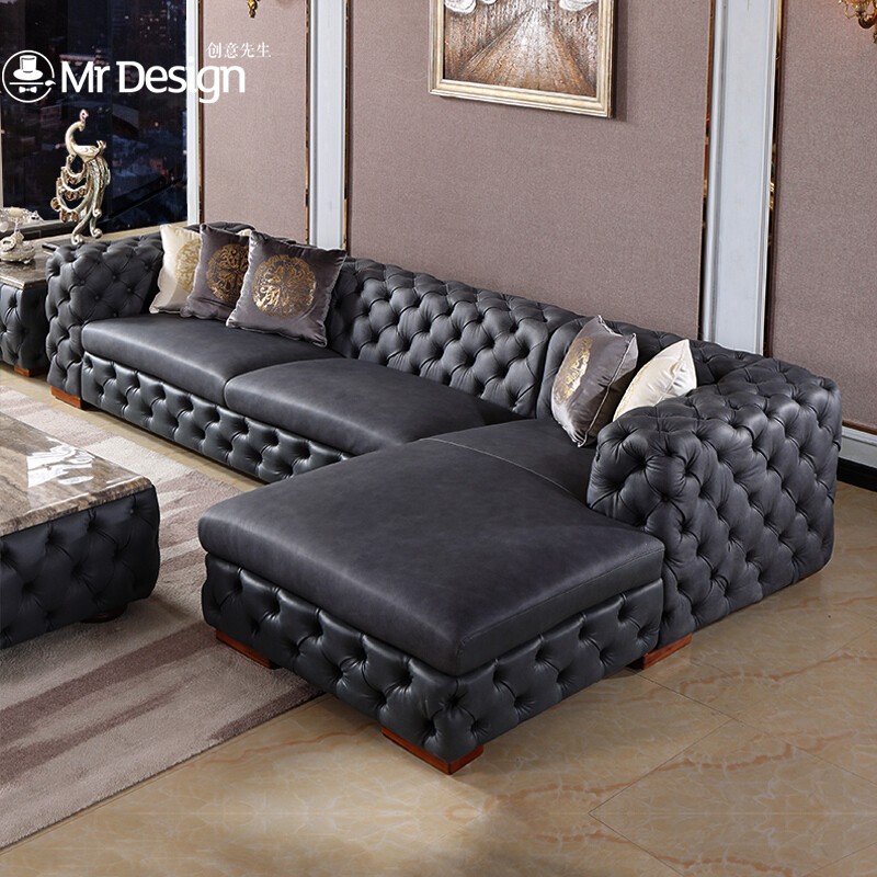 创意先生转角后现代轻奢拉扣大户型真皮沙发别墅会所头层牛皮转角沙发