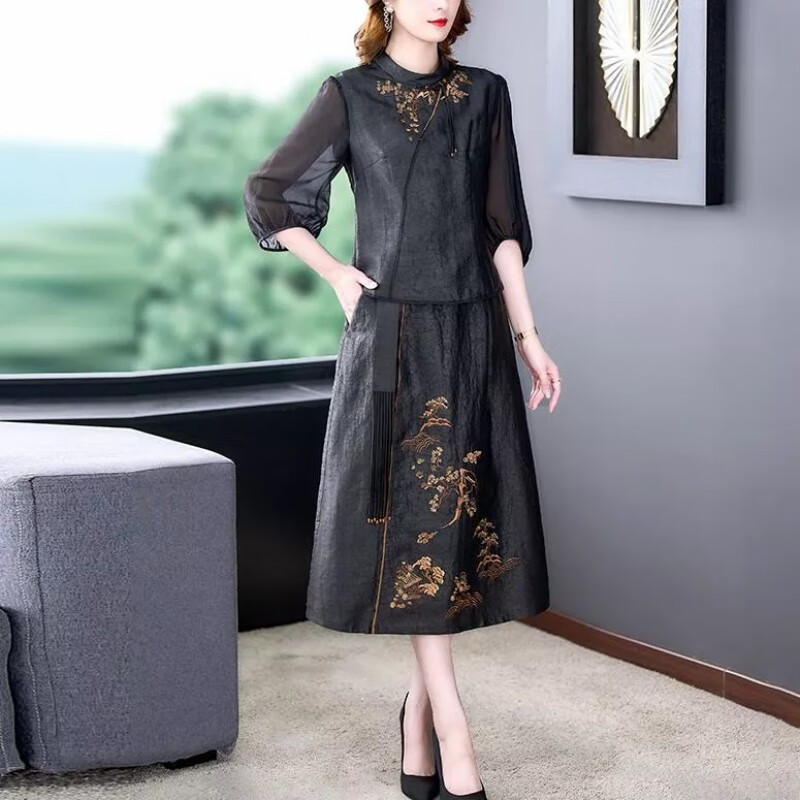 东方鸭香云纱两套2023夏季时尚真丝上衣套装大妈杭州纯色桑蚕丝连衣裙