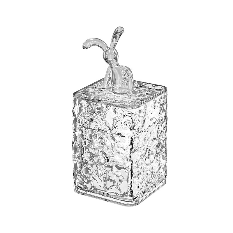 轻奢冰川纹牙签盒牙签筒家用防尘牙签罐牙线罐棉签收纳罐收纳盒 透明方形兔子款（1个装）