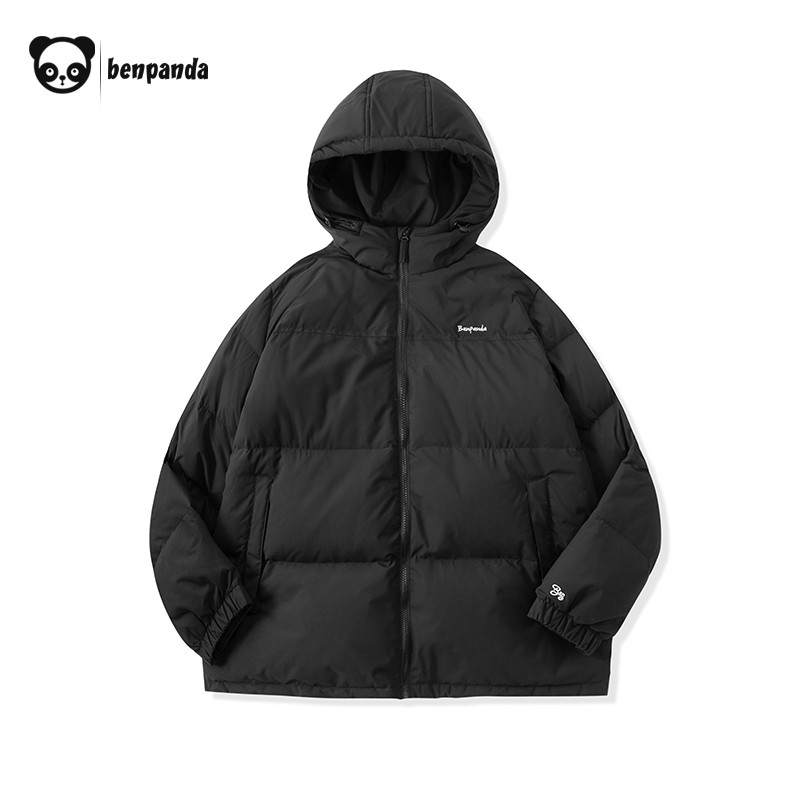 熊猫·本(ben.panda)羽绒服男潮流新款日系防泼水宽松休闲连帽80%白鸭绒保暖外套 黑色 L
