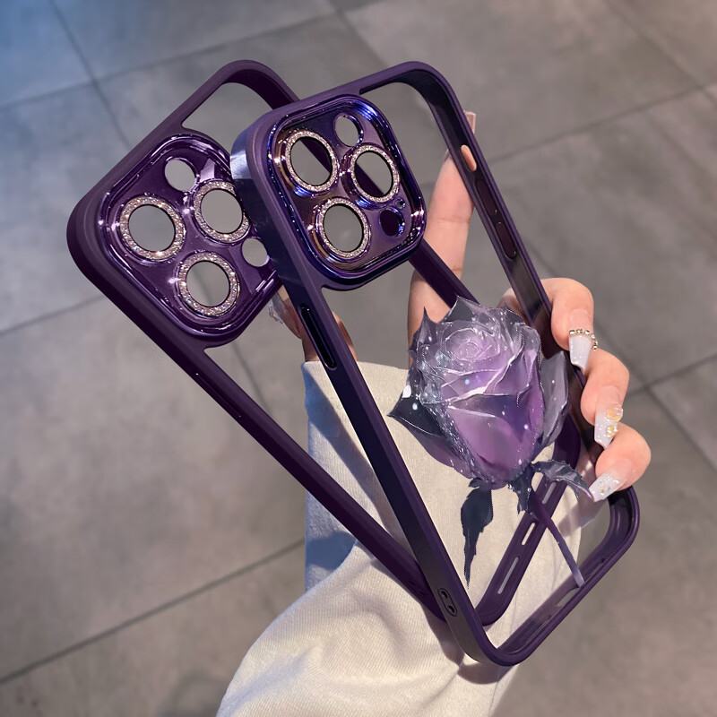 初黎适用于苹果15promax手机壳iPhone14promax自带闪粉镜头膜全包防摔15pro网红高档紫玫瑰透明女神13 苍岭绿花苞粉玫瑰自带闪粉镜头膜 iPhone12