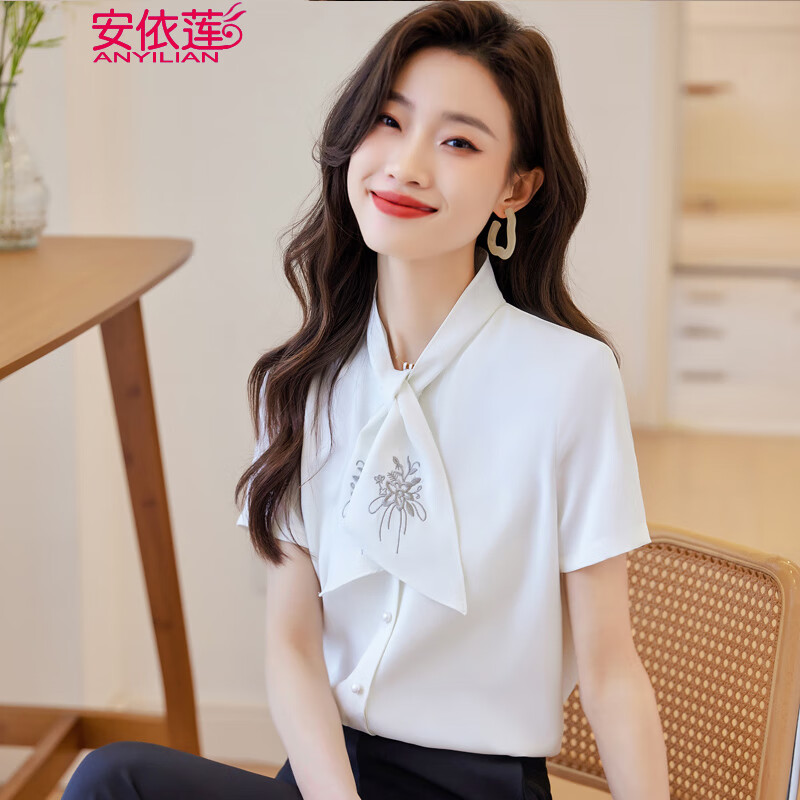 安依莲夏季女装短袖白色衬衫女新款缎面荷叶边衬衣修身职业通勤雪纺衫
