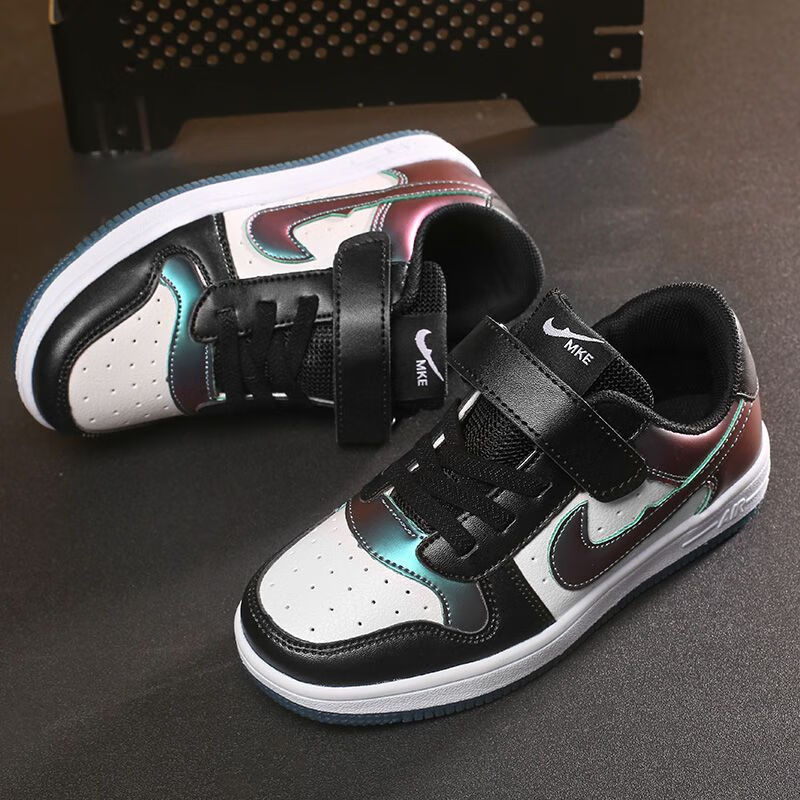 巴布豆卡乐男童鞋子2023春秋新款aj皮面防水低帮篮球鞋中大童女孩运动