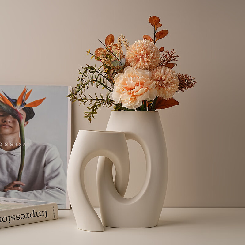 贝汉美（BHM）艺术陶瓷花瓶现代简约家居创意装饰品客厅软装高级感摆件 素胚+花艺A 21cm