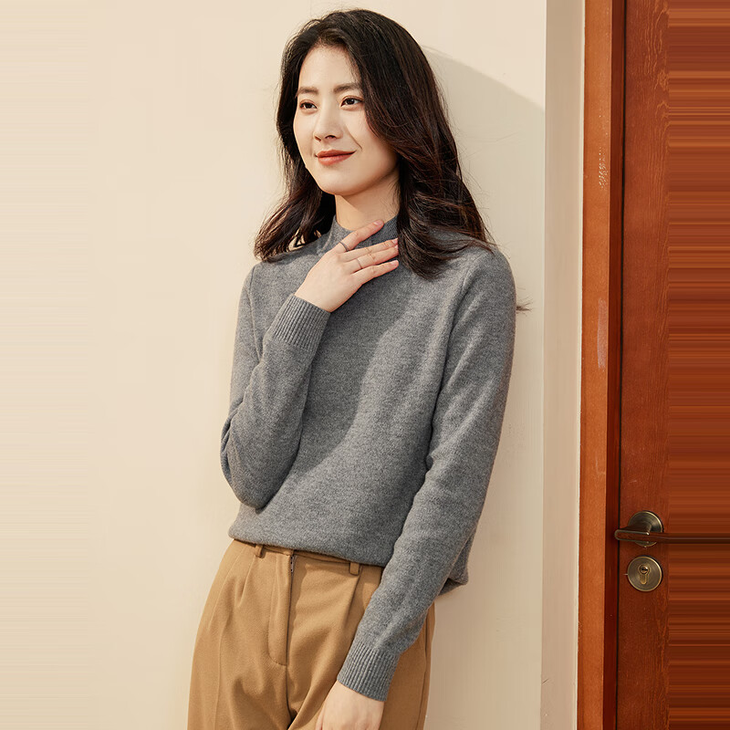 恒源祥厚款保暖纯羊毛衫女装秋冬新款半高领套头毛衣女装纯色打底针织衫 冬日灰 (半高领) L /170/92A