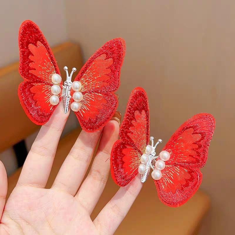 发夹女童古风汉服头饰宝宝新年大红喜庆发卡小女孩 249 红蝴蝶发夹2个