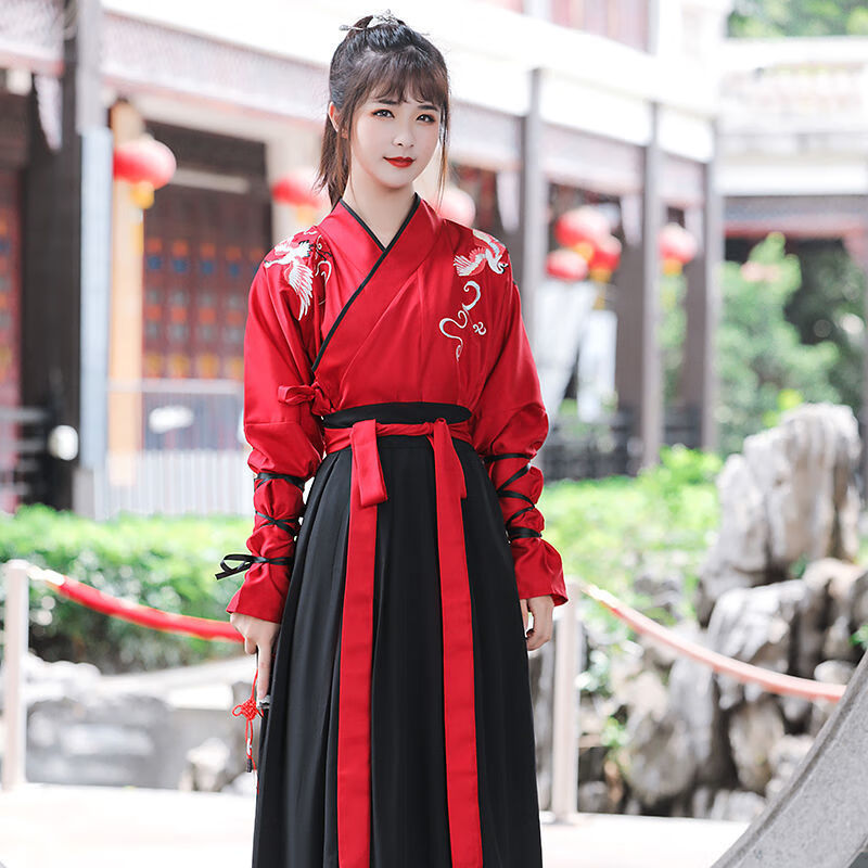 交领汉元素古风男武侠服学生情侣装班服套装 上红下黑双鹤 扇子 发带