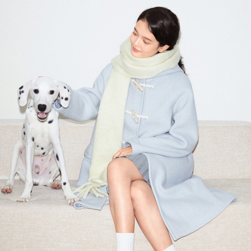 乐町韩系少女风长款连帽牛角扣大衣2024秋冬季新款圈圈毛呢外套女 轻柔蓝(现货) S