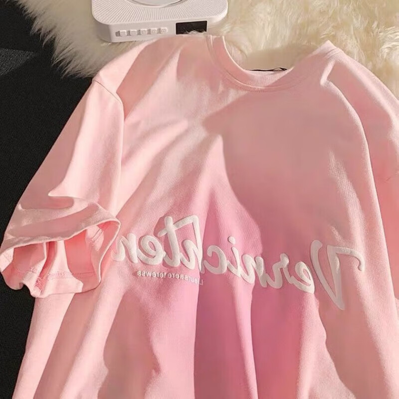 t恤女宽松设计感小众日系百搭ins学生甜美上衣 299字母(园)雾粉色 s