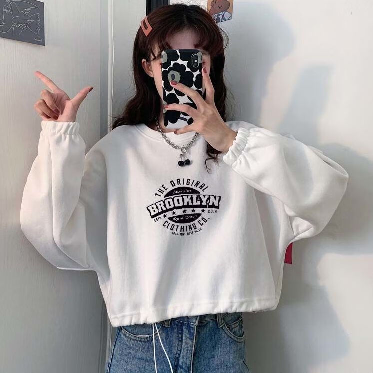 逗菁小个子女学生短款卫衣高腰短装显高衣服白色加绒加厚短款抽绳卫衣