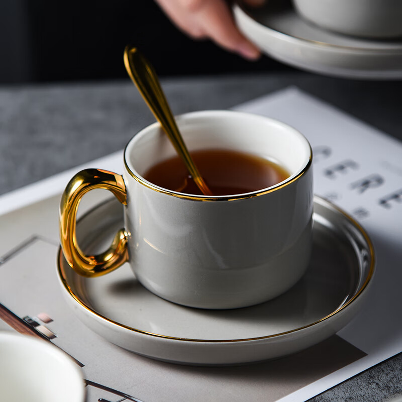 千宇 欧式咖啡杯套装 家用创意简约下午茶杯 小奢华咖啡杯碟 马克杯茶具 灰色小金咖啡杯1杯碟勺