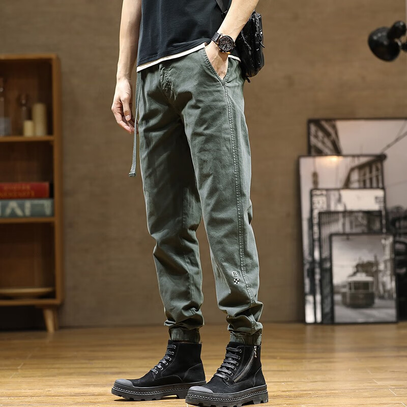 潮天士束脚工装裤男宽松春秋季休闲裤男士复古刺绣小脚哈伦弹力大码