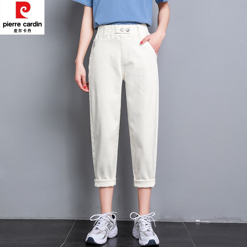 矮个子2023春款牛仔裤小个子网红穿搭女裤145显高八分哈伦 米色【八分