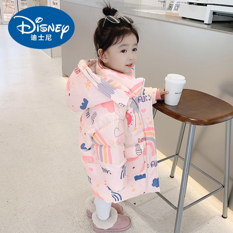 迪士尼（Disney）女童羽绒服加厚冬装2023新款儿童中小童羽绒棉衣可爱中长款外套 粉红色 120码
