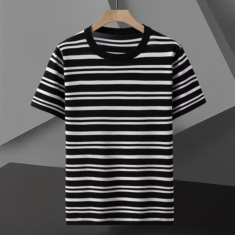 勺府新款夏季针织短袖冰丝时尚黑白条纹时尚潮流百搭休闲t恤打底衫男