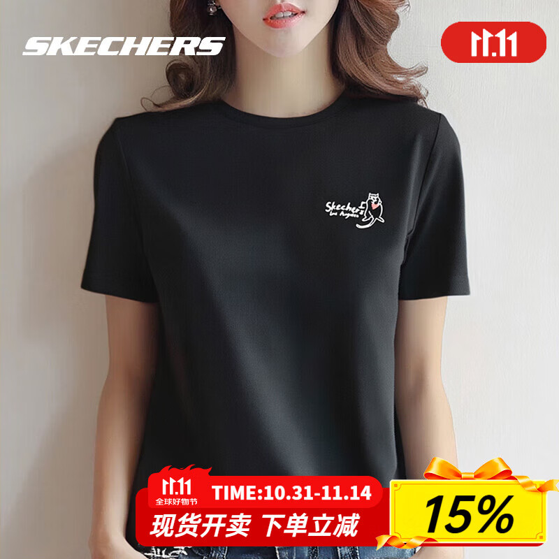斯凯奇（Skechers）短袖女夏季2025新款黑色圆领T恤针织休闲运动透气短袖 黑色-03K8 XS /150/76A