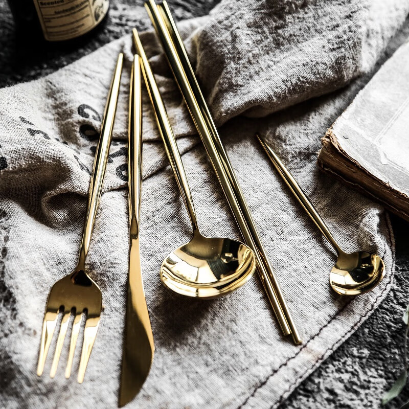 沐顺 勺子叉子筷子 304西餐餐具 不锈钢牛排刀叉勺亮金牛排刀叉勺套装