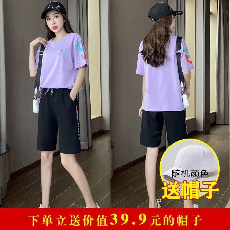 元乐申韩版曳舞运动套装短袖t恤五分裤短裤两女2024夏潮 红色 155