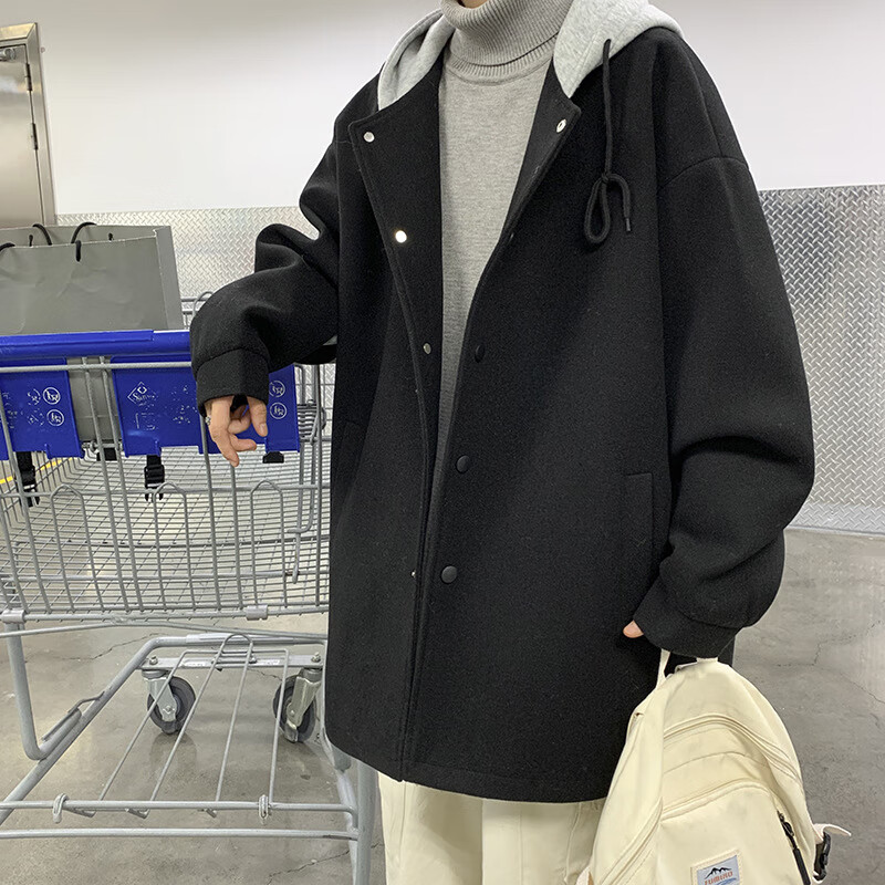 凯逸弗（kainifu）连帽毛呢大衣男生春秋新款拼接港风宽松简约呢子外套 黑色 XL