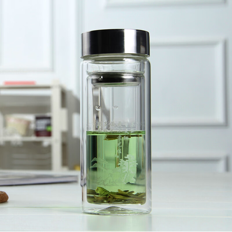 渊之源双层玻璃杯男女士便携密封水杯子过滤网耐热茶杯透明真空泡茶喝水 300ml中号-直径66mm*高180mm