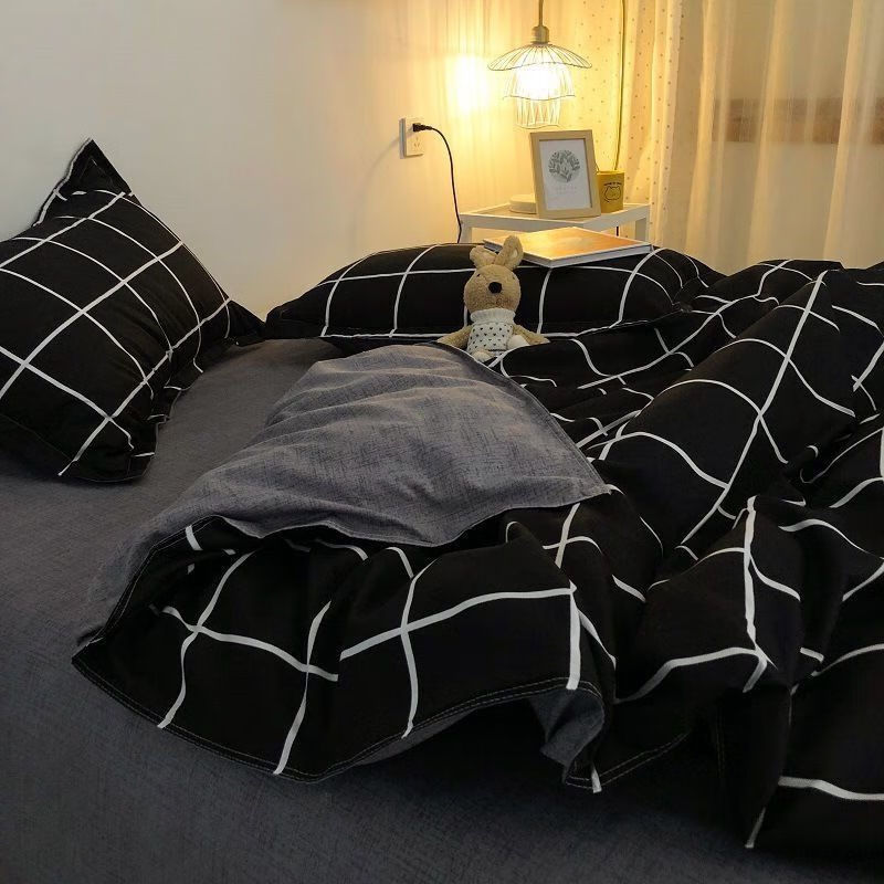 澳颜莱  ins简约风黑色格子被套四件套男女学生宿舍床单床上用品 qx