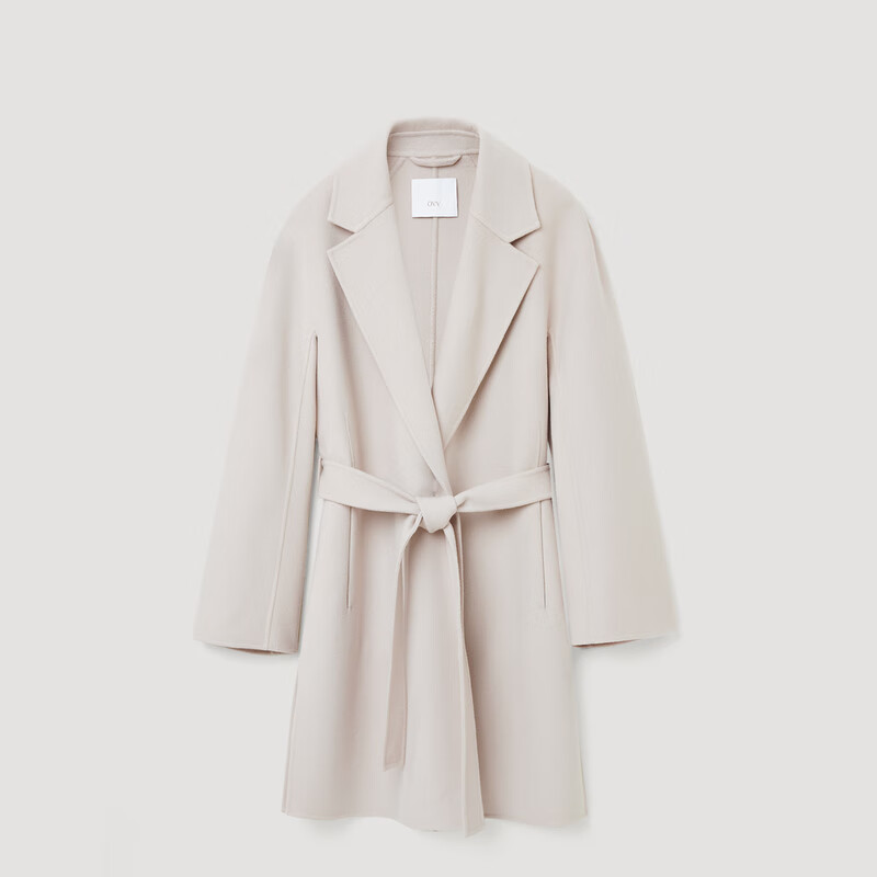 OVV秋冬热卖女装平驳领随附腰带90支羊毛双面呢大衣 裸粉 M