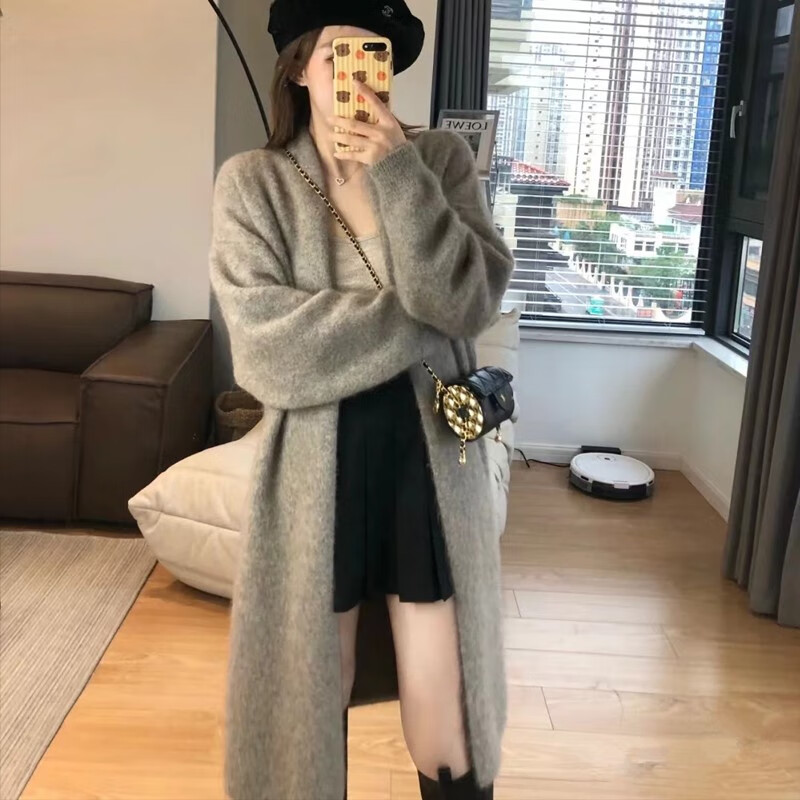 相伊恋人针织开衫女25年秋冬季新款设计感毛衣针织外套显瘦慵懒风大衣外套 沙茶驼【长款】 均码