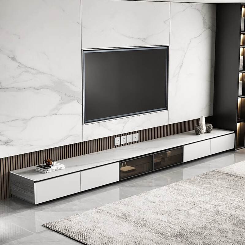 现代极简约北欧风地台客厅小户型白色实木岩板地柜 布纹布 白面 白抽