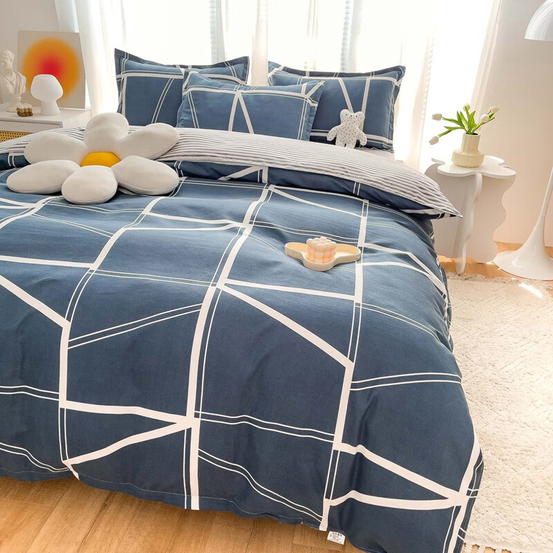 多兰诗（Duolanshi）磨毛四件套 小清新ins卡通田园花卉床上用品套件 几何方块 2.0米 床单款 被套200*230