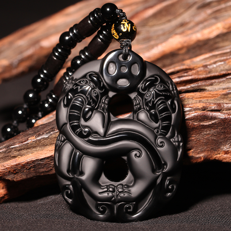 宫艳 黑曜石双貔貅吊坠男女实用皮丘财源貔犰水晶饰品送老婆平安扣