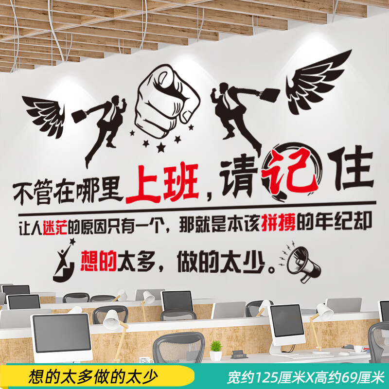 办公室企业激励励志标语墙贴画创意海报贴纸销售团队墙纸自粘自律 想的太多做的太少 特大