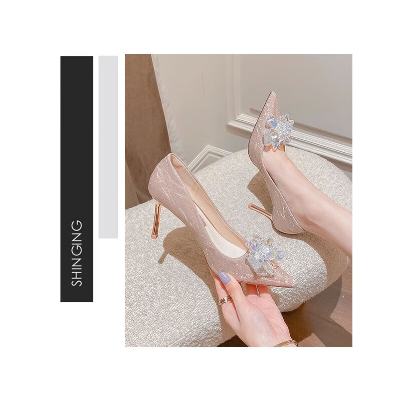 酷奇灰姑娘婚纱水晶鞋女新款尖头细跟新娘高跟婚鞋 香槟金-2(8cm) 39