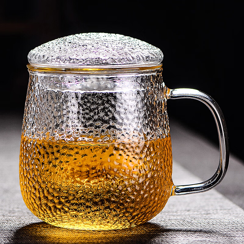 青苹果 玻璃杯 泡茶杯 耐热茶具茶水分离杯 手工加厚锤纹 带过滤玻璃水杯450ml