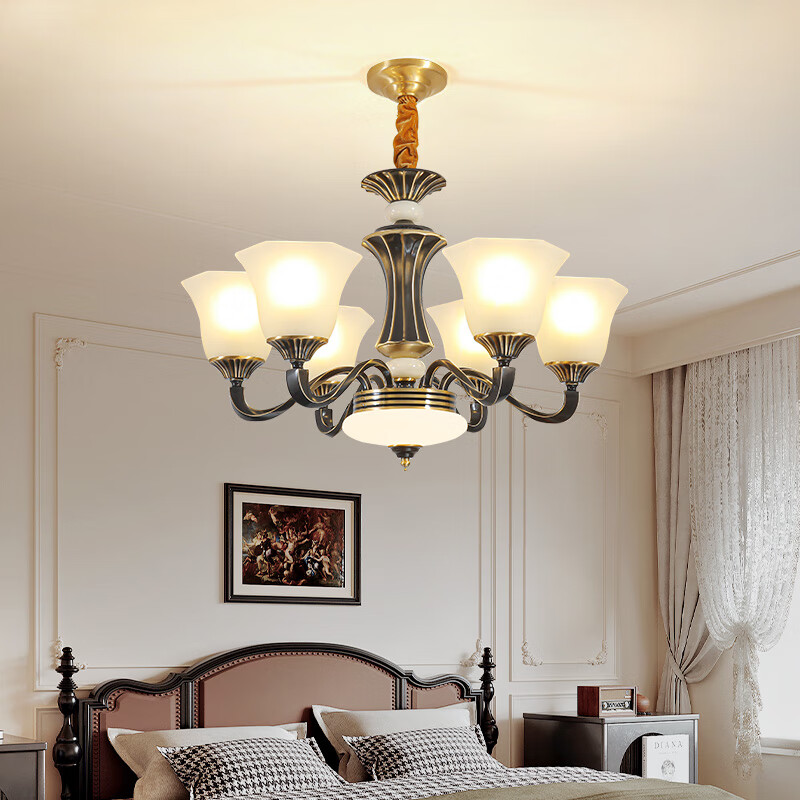 青銅時(shí)代美式吊燈全銅歐式吊燈別墅復(fù)式樓客廳吊燈餐廳大廳臥室吊燈中山燈 6頭全銅吊燈直徑72cm+防塵罩