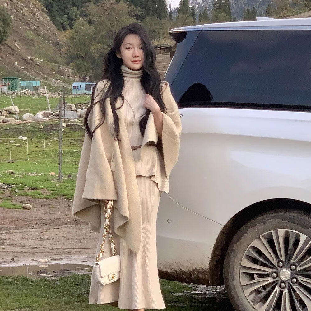 vjze适合30-40岁女人穿的秋冬款针织连衣裙老钱世家高领时尚套装女202