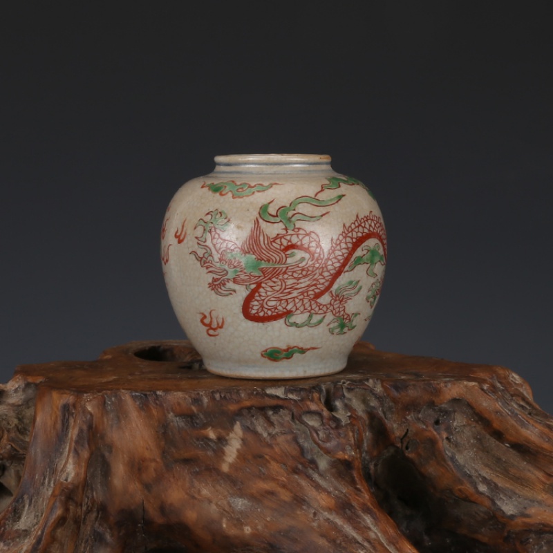 【芠拉】大明素红绿彩龙纹鸟食罐 仿古瓷器古董真品包老保真古玩收藏
