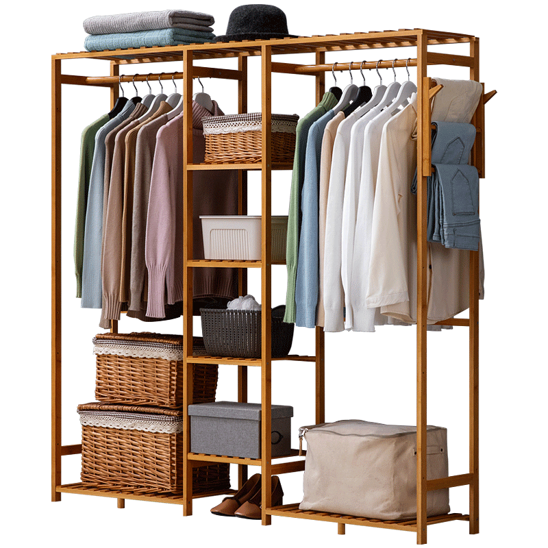 木马人简易衣柜家用多层布衣柜组装衣橱现代简约收纳置物架楠竹布衣橱实木组合衣服柜子置物架收纳架储物柜 原色-加长版柜式【带裤架】