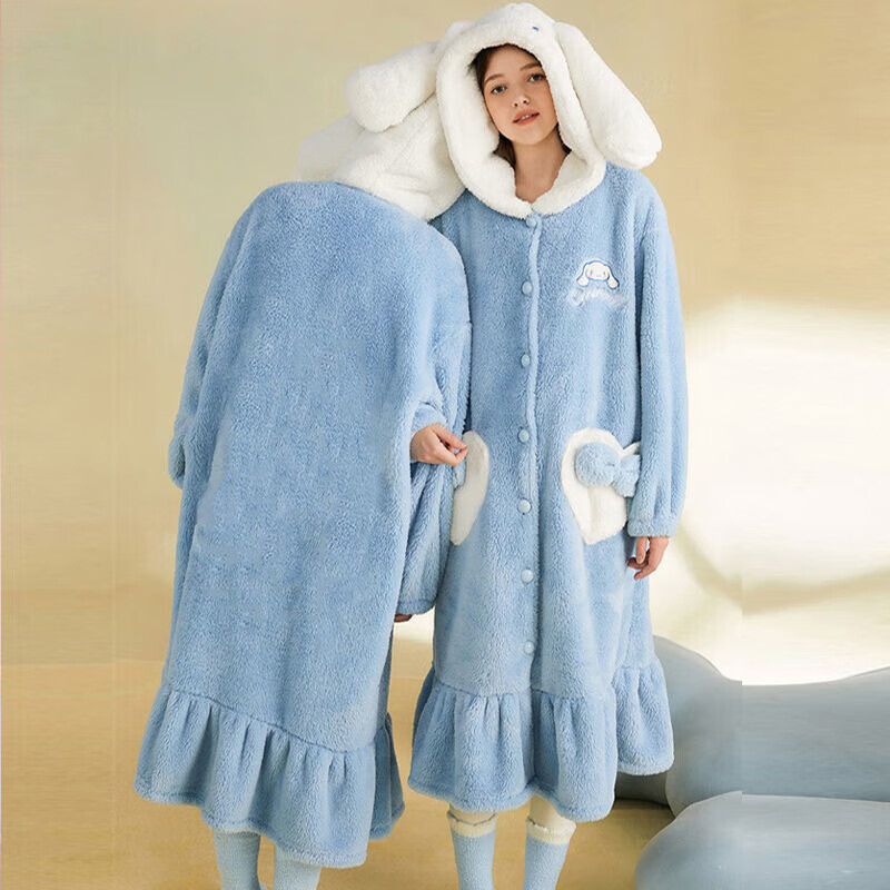 宝娜斯睡衣软绵珊瑚绒保暖睡衣女秋季加厚暖暖绒家居服上衣睡袍 玉桂狗睡袍 均码 【适合80-155】