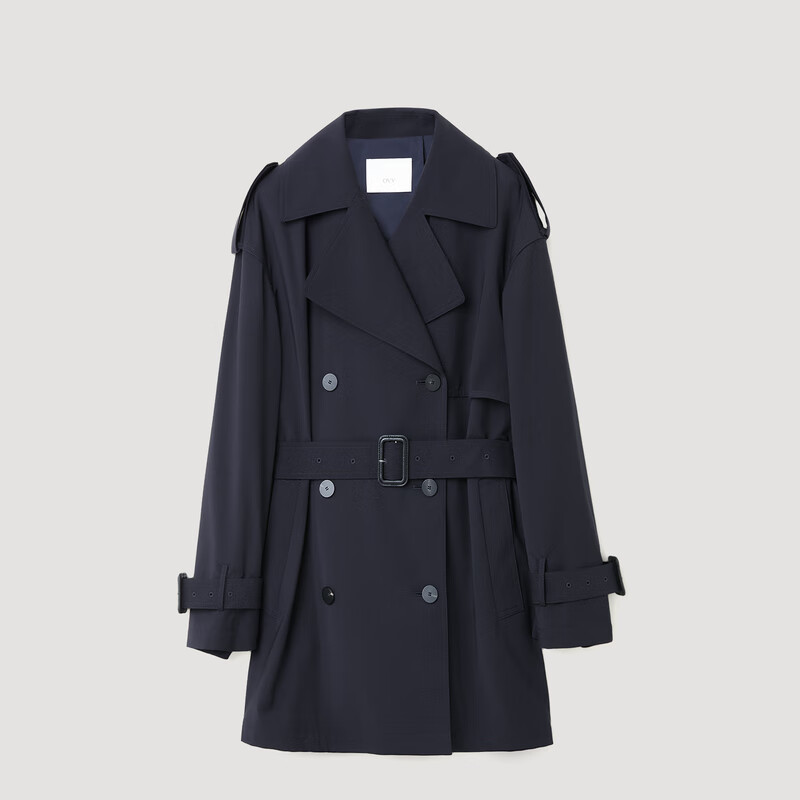 OVV2024秋冬新款女装经典翻领双排牛角扣短款羊毛风衣 藏青 XS