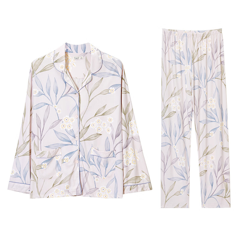 达尔丽睡衣女春秋长袖玫瑰印花大码休闲针织棉开衫国风家居服套装夏新款 T8245118-018-杏色 XL